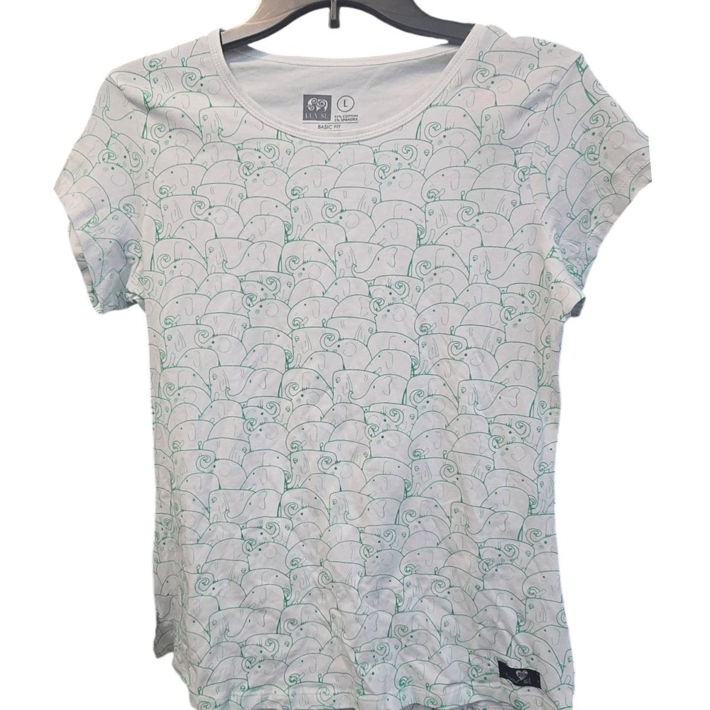 LUV SL Womens White Green Elephant Graphic Print Cotton Blend T-Shirt Size L NWT